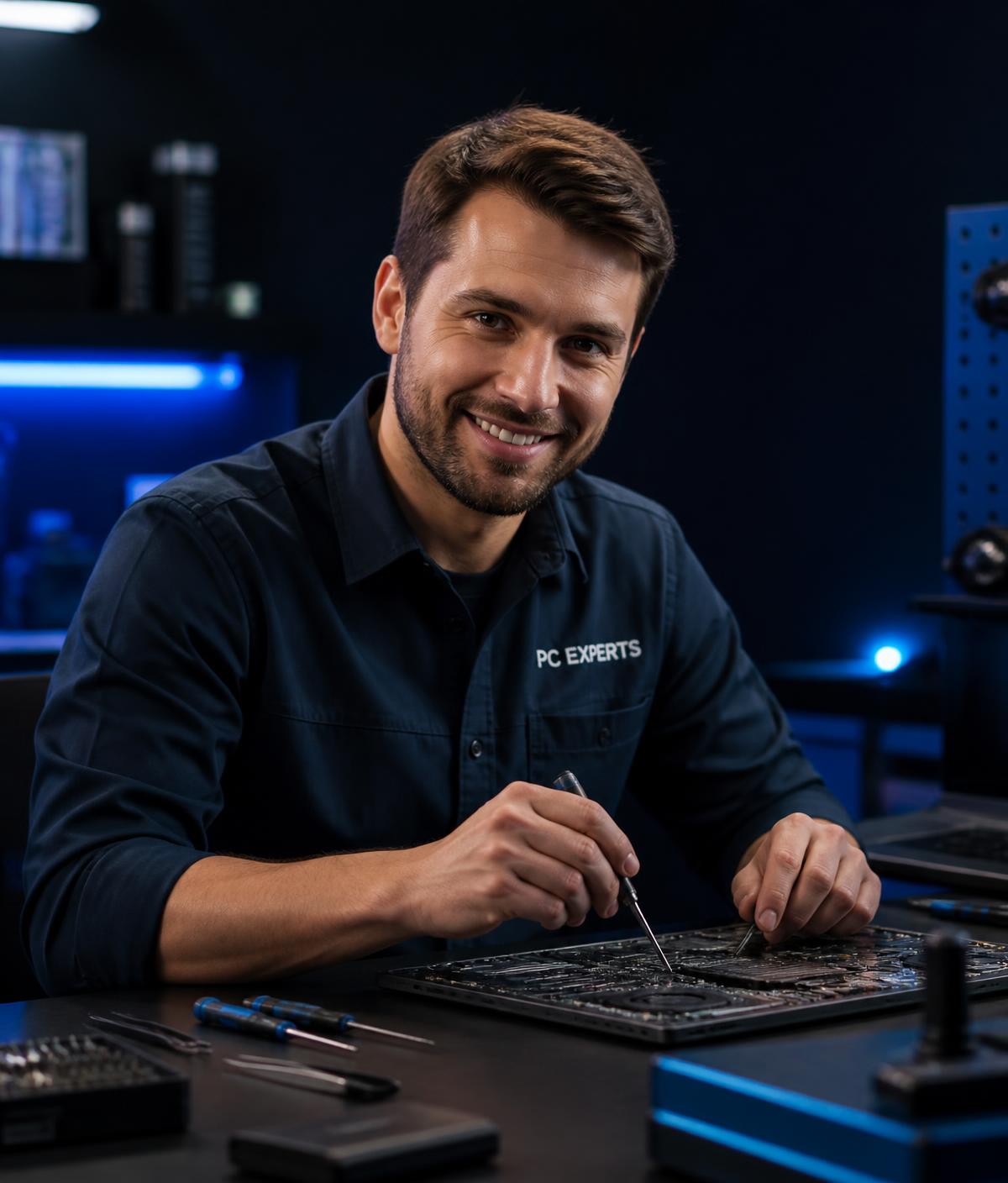 Kyle working on a laptop mainboard at his computer repair bench